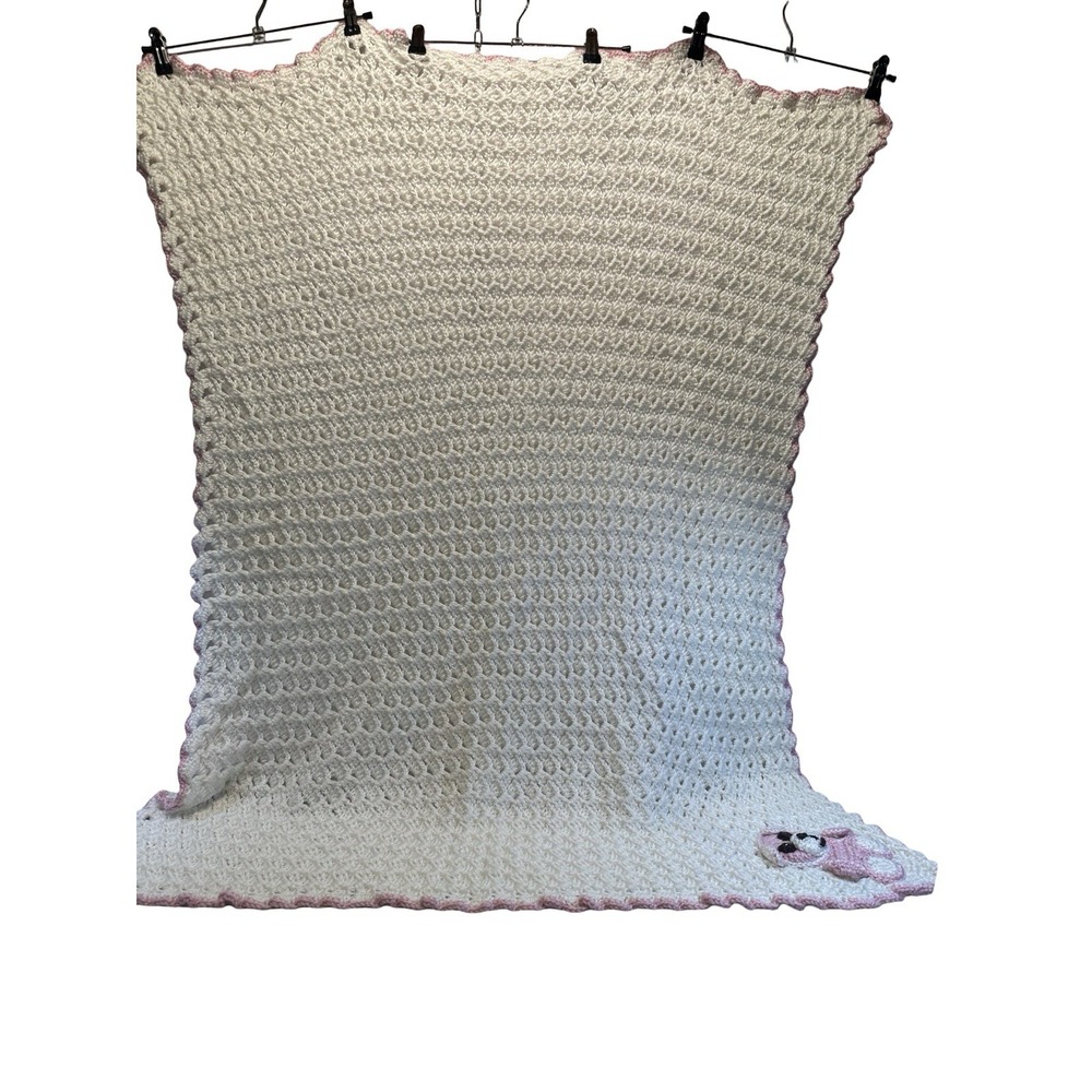 Vintage Handmade CROCHET AFGHAN BABY BLANKET Cream Pink Border 38"X 42" Bear‎ - Picture 2 of 9